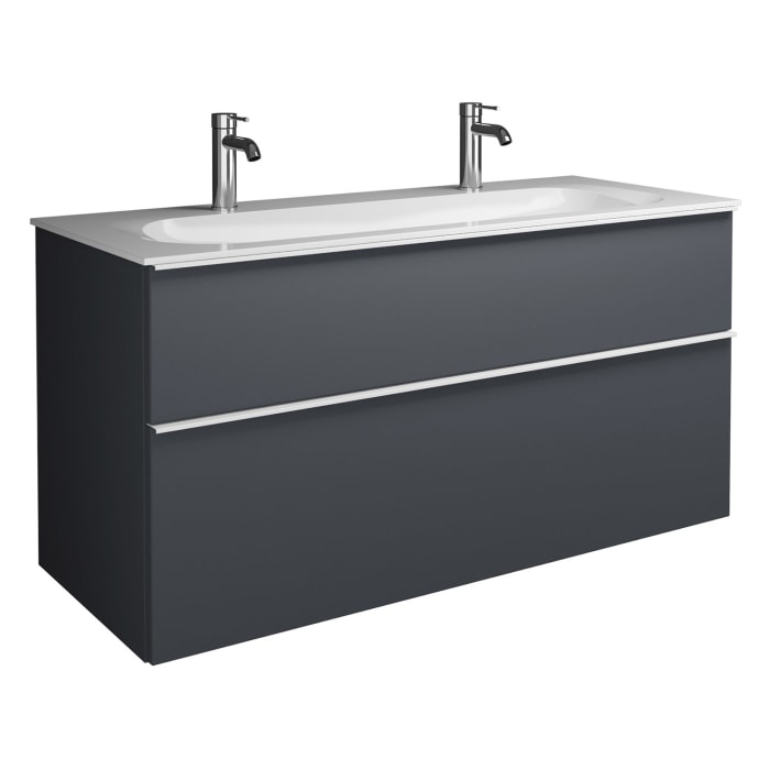 burgbad Fiumo Mineralguss-Waschtisch mit Unterschrank 122 cm, mit 2 Hahnlöcher, mit Griff G0223