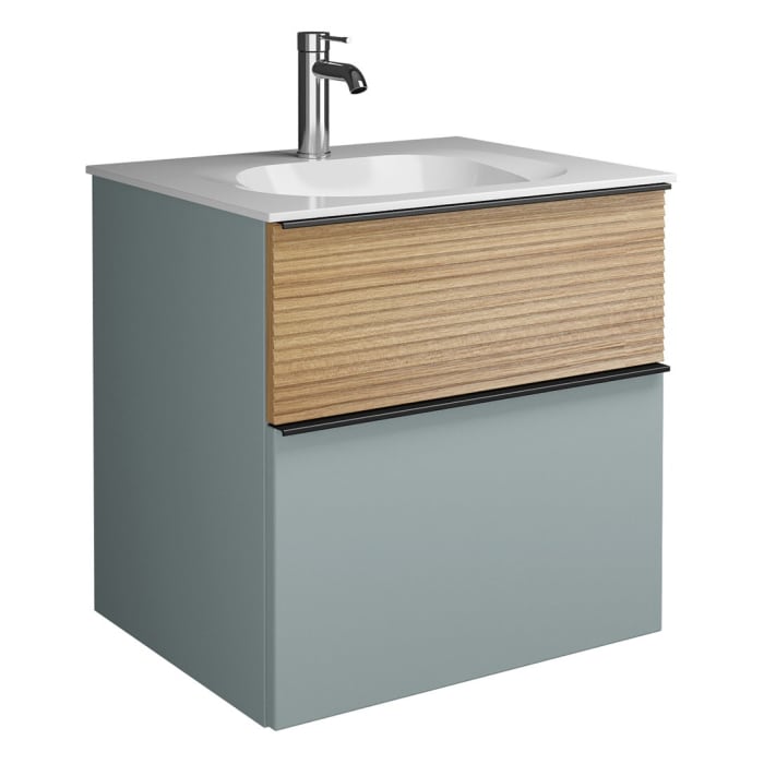 burgbad Fiumo Mineralguss-Waschtisch mit Unterschrank 62 cm, mit Griff G0200, oben mit Plissée-Struktur