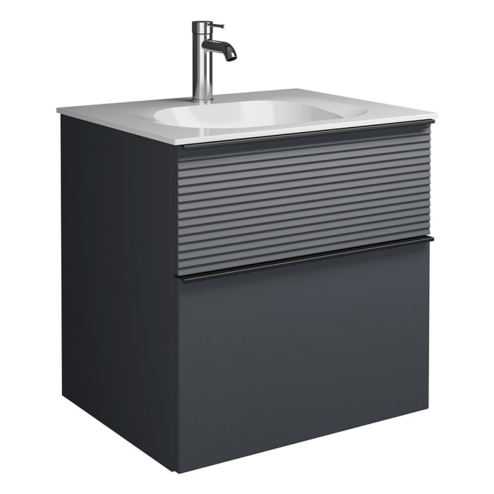 burgbad Fiumo Mineralguss-Waschtisch mit Unterschrank 62 cm, mit Griff G0200, oben mit Plissée-Struktur