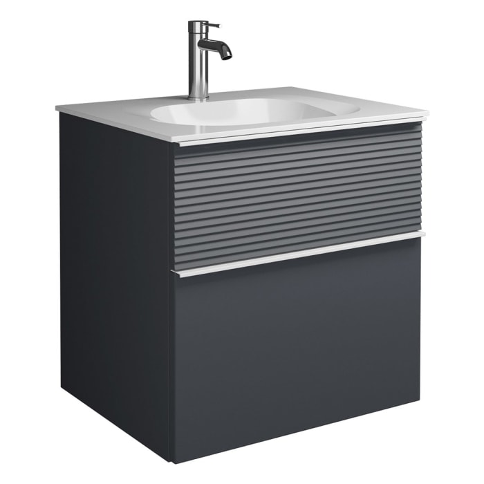 burgbad Fiumo Mineralguss-Waschtisch mit Unterschrank 62 cm, mit Griff G0223, oben mit Plissée-Struktur