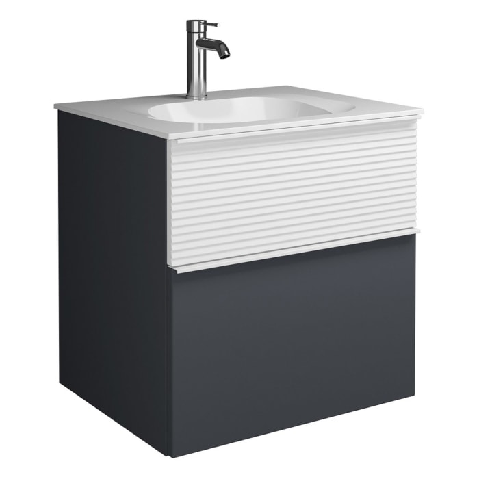 burgbad Fiumo Mineralguss-Waschtisch mit Unterschrank 62 cm, mit Griff G0223, oben mit Plissée-Struktur