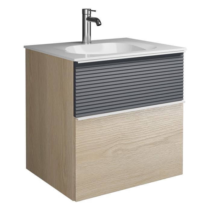 burgbad Fiumo Mineralguss-Waschtisch mit Unterschrank 62 cm, mit Griff G0223, oben mit Plissée-Struktur