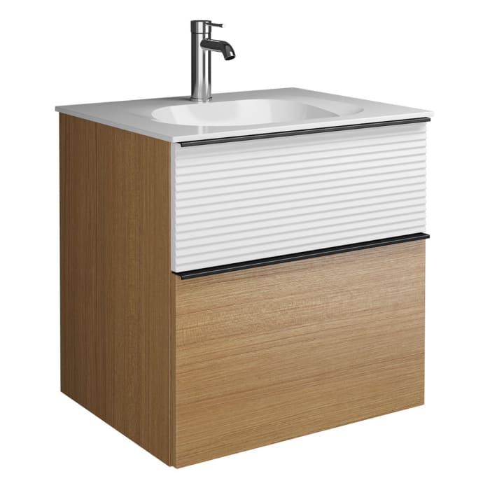 burgbad Fiumo Mineralguss-Waschtisch mit Unterschrank 62 cm, mit Griff G0200, oben mit Plissée-Struktur