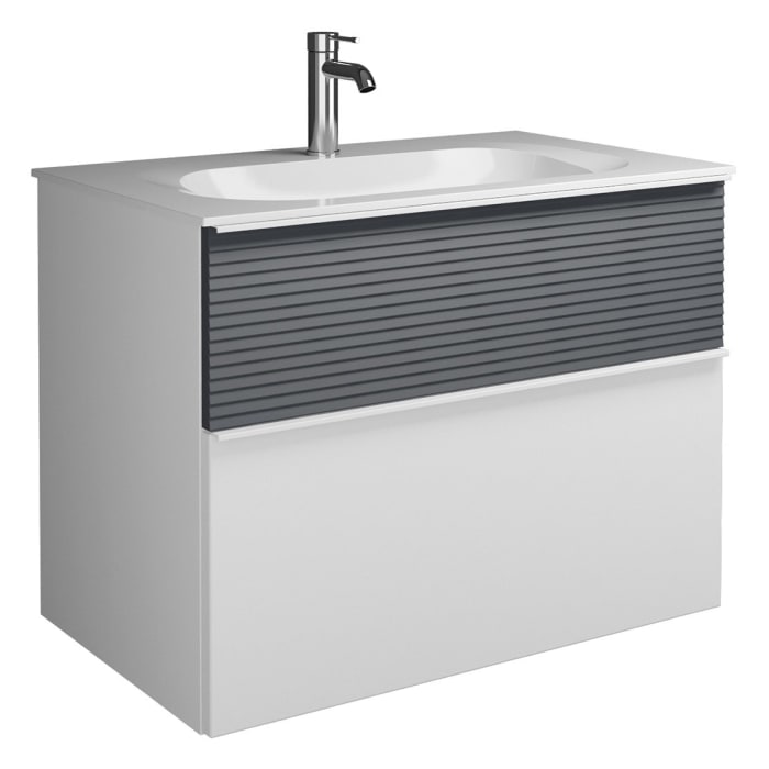 burgbad Fiumo Mineralguss-Waschtisch mit Unterschrank 82 cm, mit Griff G0223, oben mit Plissée-Struktur