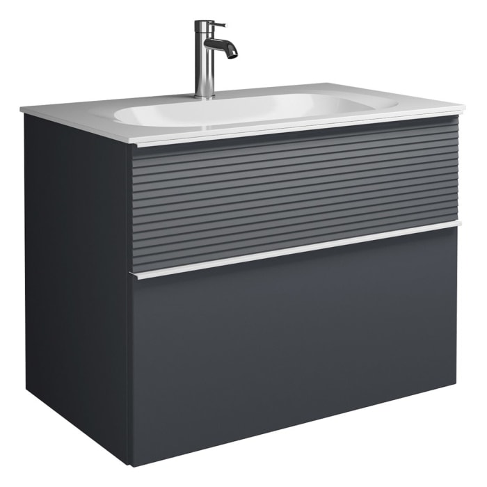 burgbad Fiumo Mineralguss-Waschtisch mit Unterschrank 82 cm, mit Griff G0223, oben mit Plissée-Struktur