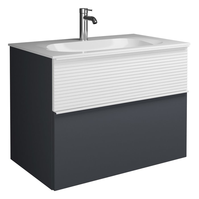 burgbad Fiumo Mineralguss-Waschtisch mit Unterschrank 82 cm, mit Griff G0223, oben mit Plissée-Struktur