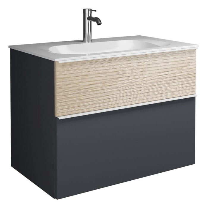 burgbad Fiumo Mineralguss-Waschtisch mit Unterschrank 82 cm, mit Griff G0223, oben mit Plissée-Struktur