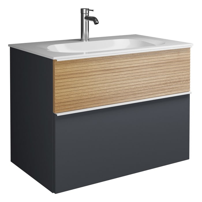 burgbad Fiumo Mineralguss-Waschtisch mit Unterschrank 82 cm, mit Griff G0223, oben mit Plissée-Struktur