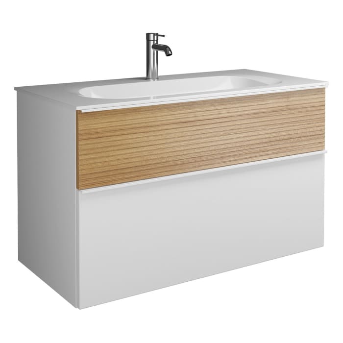 burgbad Fiumo Mineralguss-Waschtisch mit Unterschrank 102 cm, mit Griff G0223, oben mit Plissée-Struktur