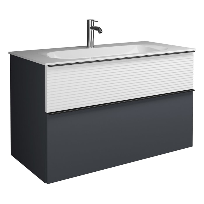 burgbad Fiumo Mineralguss-Waschtisch mit Unterschrank 102 cm, mit Griff G0200, oben mit Plissée-Struktur