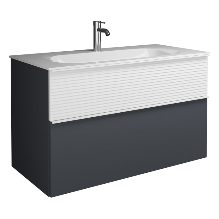 burgbad Fiumo Mineralguss-Waschtisch mit Unterschrank 102 cm, mit Griff G0223, oben mit Plissée-Struktur