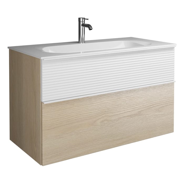 burgbad Fiumo Mineralguss-Waschtisch mit Unterschrank 102 cm, mit Griff G0223, oben mit Plissée-Struktur