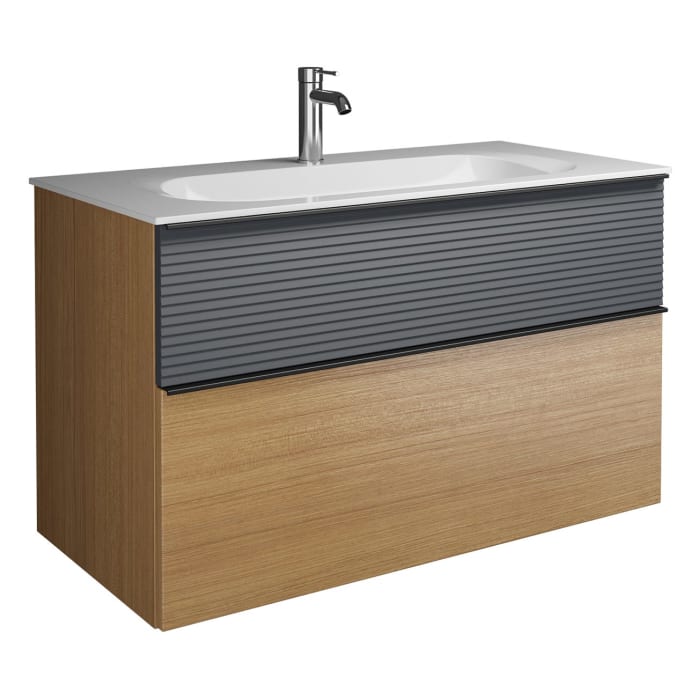 burgbad Fiumo Mineralguss-Waschtisch mit Unterschrank 102 cm, mit Griff G0200, oben mit Plissée-Struktur