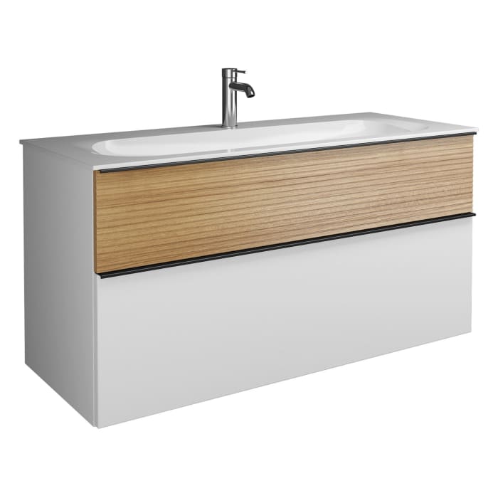 burgbad Fiumo Mineralguss-Waschtisch mit Unterschrank 122 cm, mit 1 Hahnloch, mit Griff G0200, oben mit Plissée-Struktur