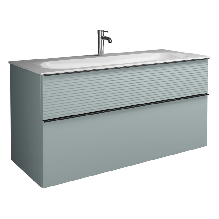 burgbad Fiumo Mineralguss-Waschtisch mit Unterschrank 122 cm, mit 1 Hahnloch, mit Griff G0200, oben mit Plissée-Struktur