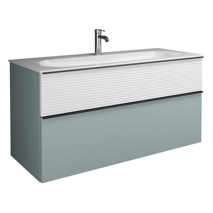 burgbad Fiumo Mineralguss-Waschtisch mit Unterschrank 122 cm, mit 1 Hahnloch, mit Griff G0200, oben mit Plissée-Struktur