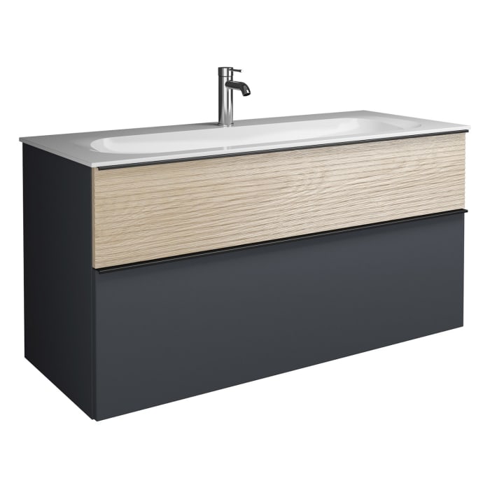 burgbad Fiumo Mineralguss-Waschtisch mit Unterschrank 122 cm, mit 1 Hahnloch, mit Griff G0200, oben mit Plissée-Struktur