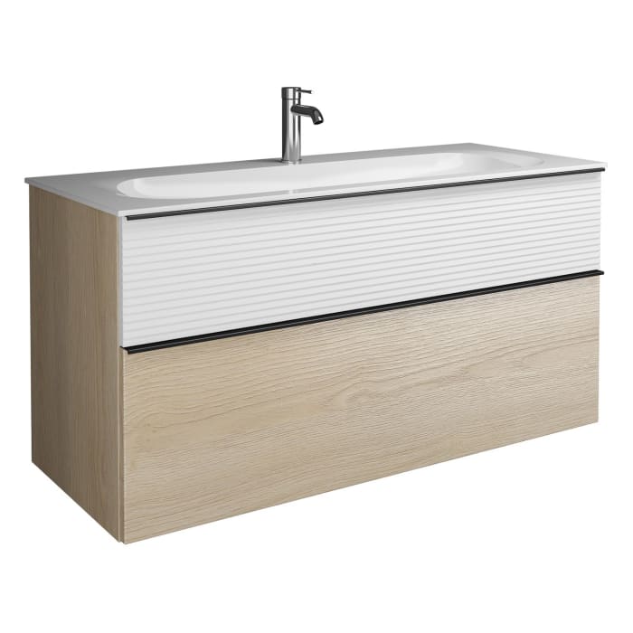 burgbad Fiumo Mineralguss-Waschtisch mit Unterschrank 122 cm, mit 1 Hahnloch, mit Griff G0200, oben mit Plissée-Struktur