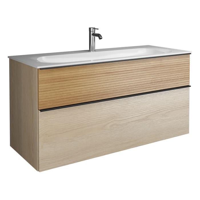 burgbad Fiumo Mineralguss-Waschtisch mit Unterschrank 122 cm, mit 1 Hahnloch, mit Griff G0200, oben mit Plissée-Struktur