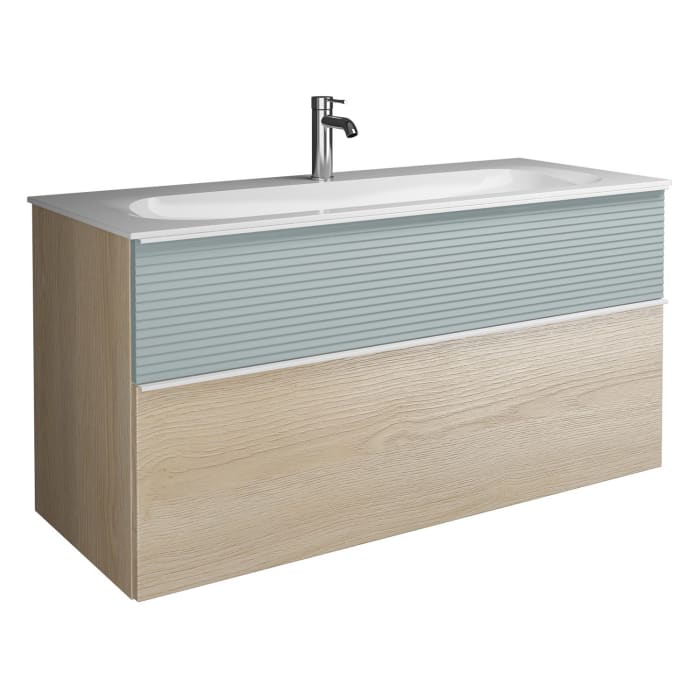 burgbad Fiumo Mineralguss-Waschtisch mit Unterschrank 122 cm, mit 1 Hahnloch, mit Griff G0223, oben mit Plissée-Struktur