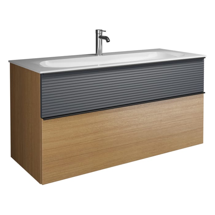 burgbad Fiumo Mineralguss-Waschtisch mit Unterschrank 122 cm, mit 1 Hahnloch, mit Griff G0200, oben mit Plissée-Struktur