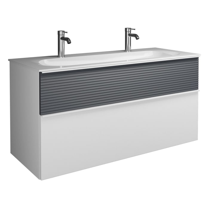 burgbad Fiumo Mineralguss-Waschtisch mit Unterschrank 122 cm, mit 2 Hahnlöcher, mit Griff G0223, oben mit Plissée-Struktur