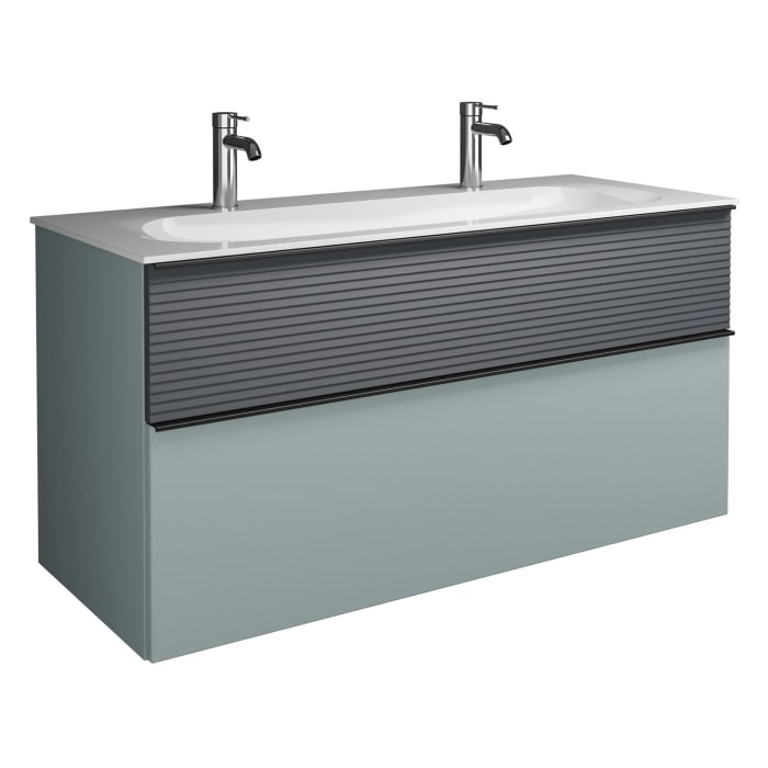 burgbad Fiumo Mineralguss-Waschtisch mit Unterschrank 122 cm, mit 2 Hahnlöcher, mit Griff G0200, oben mit Plissée-Struktur