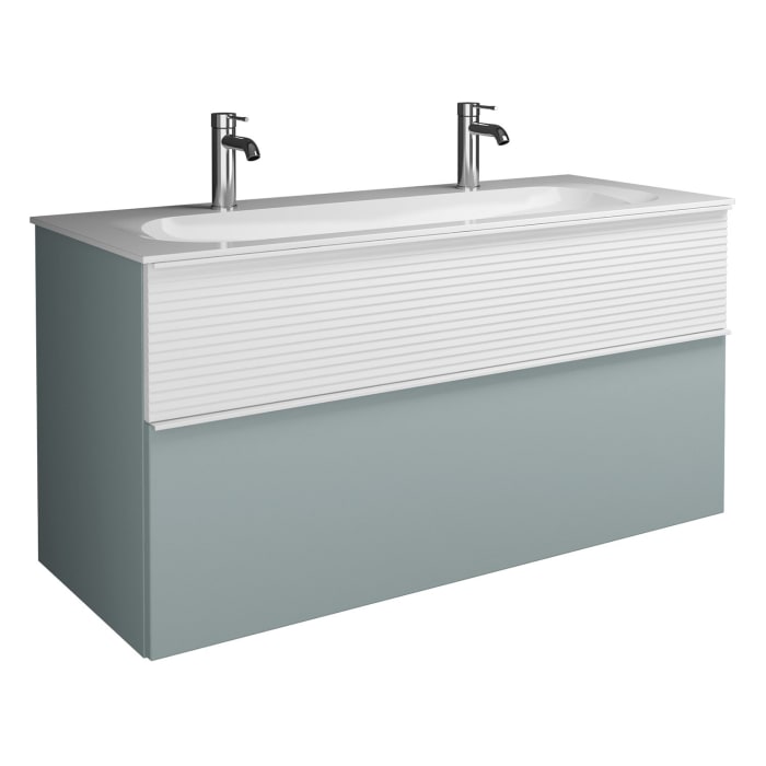 burgbad Fiumo Mineralguss-Waschtisch mit Unterschrank 122 cm, mit 2 Hahnlöcher, mit Griff G0223, oben mit Plissée-Struktur