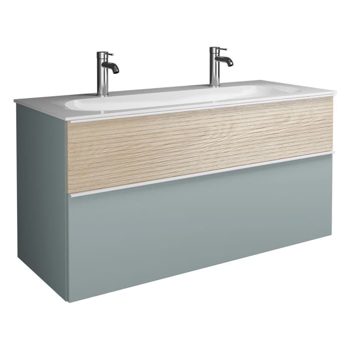 burgbad Fiumo Mineralguss-Waschtisch mit Unterschrank 122 cm, mit 2 Hahnlöcher, mit Griff G0223, oben mit Plissée-Struktur