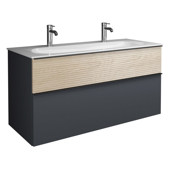 burgbad Fiumo Mineralguss-Waschtisch mit Unterschrank 122 cm, mit 2 Hahnlöcher, mit Griff G0200, oben mit Plissée-Struktur