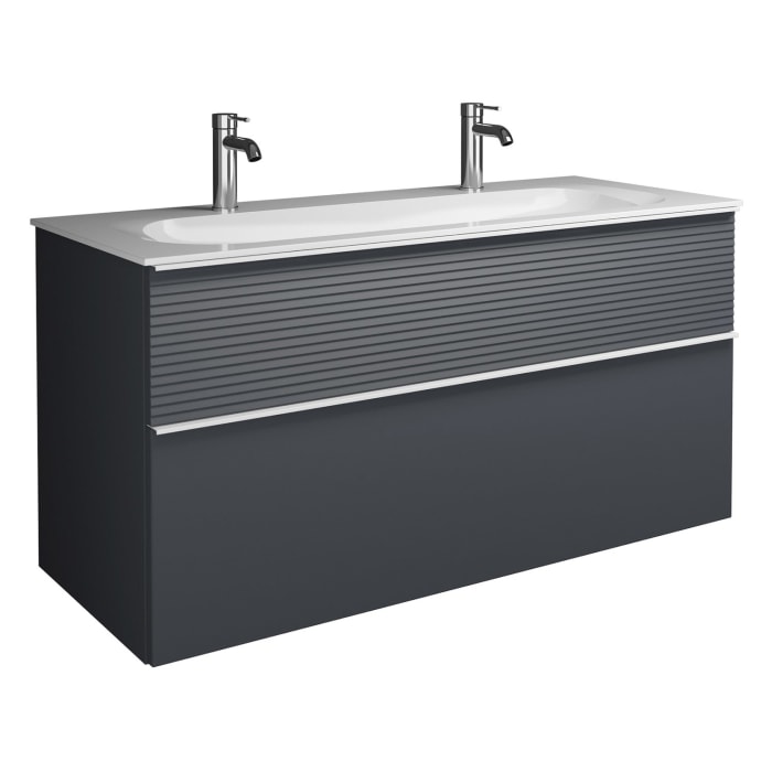 burgbad Fiumo Mineralguss-Waschtisch mit Unterschrank 122 cm, mit 2 Hahnlöcher, mit Griff G0223, oben mit Plissée-Struktur