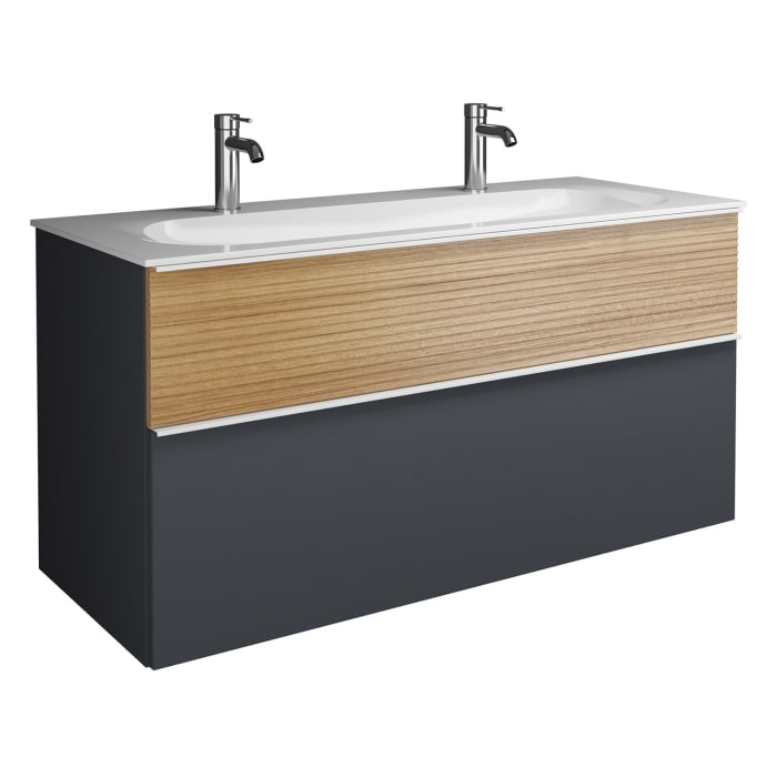 burgbad Fiumo Mineralguss-Waschtisch mit Unterschrank 122 cm, mit 2 Hahnlöcher, mit Griff G0223, oben mit Plissée-Struktur