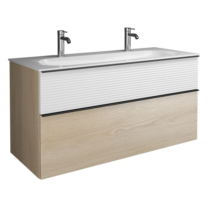 burgbad Fiumo Mineralguss-Waschtisch mit Unterschrank 122 cm, mit 2 Hahnlöcher, mit Griff G0200, oben mit Plissée-Struktur