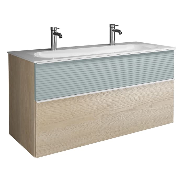 burgbad Fiumo Mineralguss-Waschtisch mit Unterschrank 122 cm, mit 2 Hahnlöcher, mit Griff G0223, oben mit Plissée-Struktur