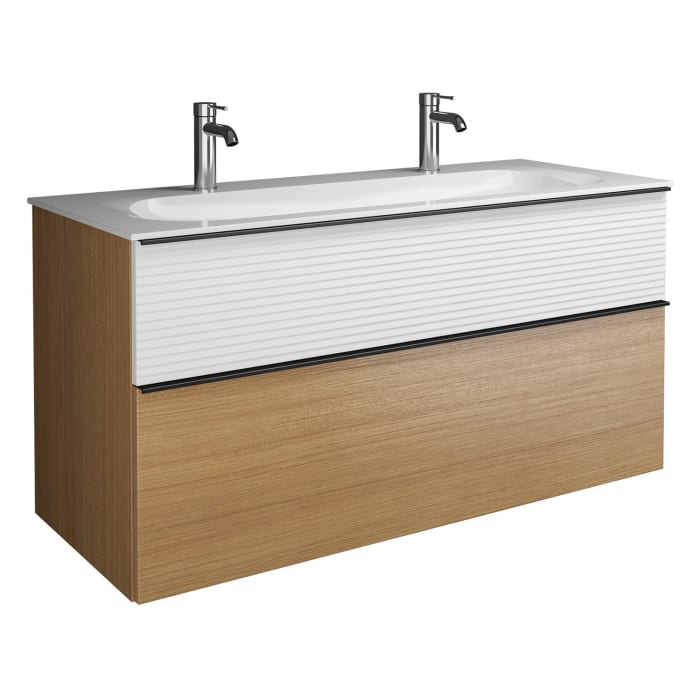 burgbad Fiumo Mineralguss-Waschtisch mit Unterschrank 122 cm, mit 2 Hahnlöcher, mit Griff G0200, oben mit Plissée-Struktur