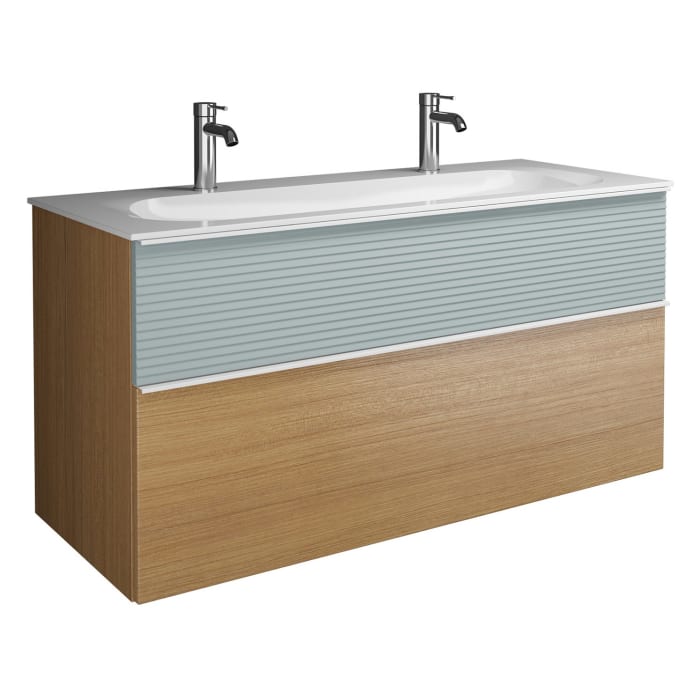 burgbad Fiumo Mineralguss-Waschtisch mit Unterschrank 122 cm, mit 2 Hahnlöcher, mit Griff G0223, oben mit Plissée-Struktur