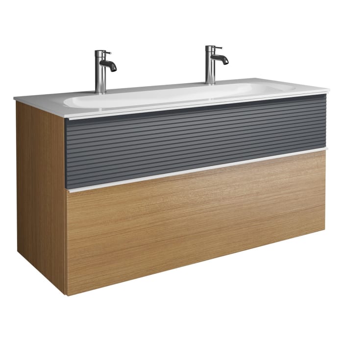 burgbad Fiumo Mineralguss-Waschtisch mit Unterschrank 122 cm, mit 2 Hahnlöcher, mit Griff G0223, oben mit Plissée-Struktur