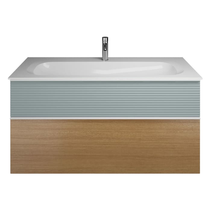 burgbad Fiumo Mineralguss-Waschtisch mit Unterschrank 122 cm, mit 1 Hahnloch, mit Griff G0223, oben mit Plissée-Struktur