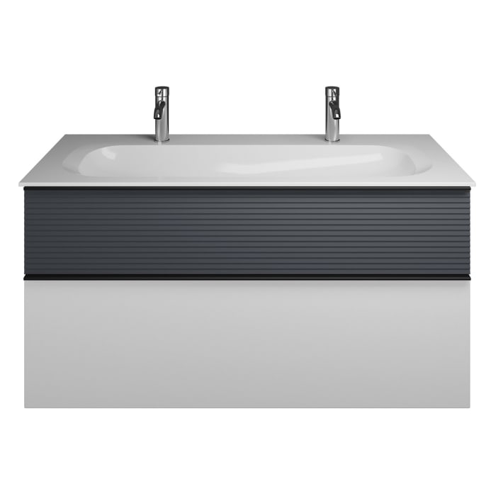 burgbad Fiumo Mineralguss-Waschtisch mit Unterschrank 122 cm, mit 2 Hahnlöcher, mit Griff G0200, oben mit Plissée-Struktur