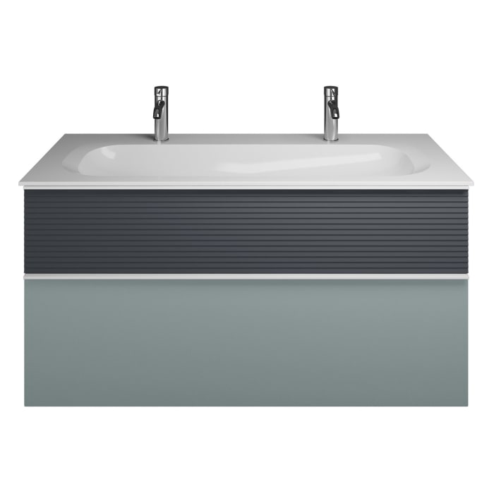 burgbad Fiumo Mineralguss-Waschtisch mit Unterschrank 122 cm, mit 2 Hahnlöcher, mit Griff G0223, oben mit Plissée-Struktur