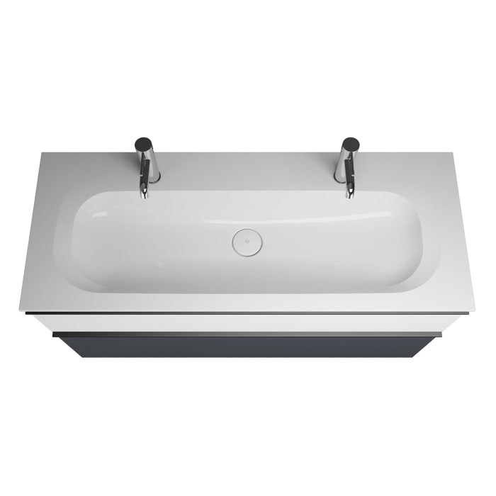 burgbad Fiumo Mineralguss-Waschtisch mit Unterschrank 122 cm, mit 2 Hahnlöcher, mit Griff G0200, oben mit Plissée-Struktur