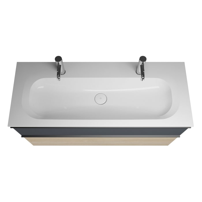 burgbad Fiumo Mineralguss-Waschtisch mit Unterschrank 122 cm, mit 2 Hahnlöcher, mit Griff G0200, oben mit Plissée-Struktur