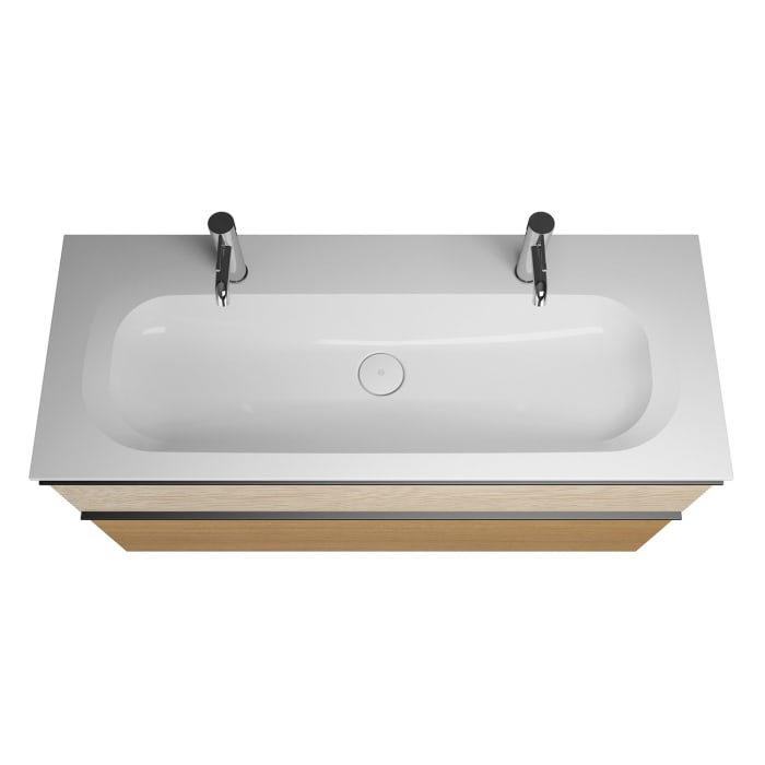 burgbad Fiumo Mineralguss-Waschtisch mit Unterschrank 122 cm, mit 2 Hahnlöcher, mit Griff G0200, oben mit Plissée-Struktur