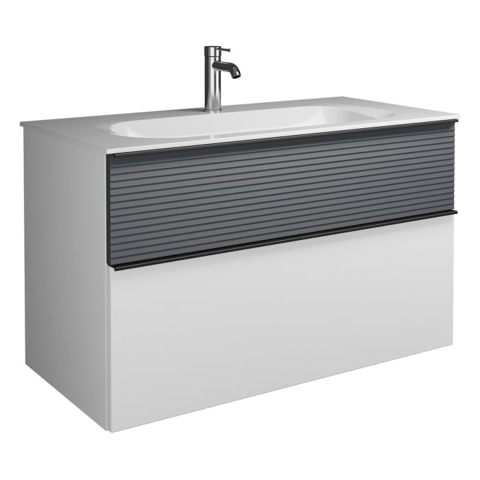 burgbad Fiumo Mineralguss-Waschtisch mit Unterschrank 102 cm, mit Griff G0200, oben mit Plissée-Struktur