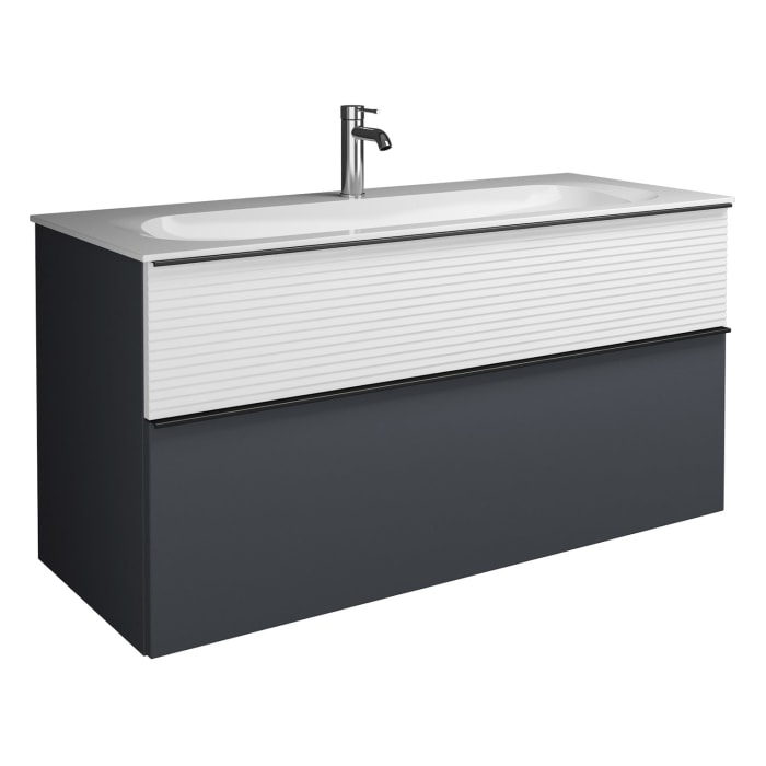 burgbad Fiumo Mineralguss-Waschtisch mit Unterschrank 122 cm, mit 1 Hahnloch, mit Griff G0200, oben mit Plissée-Struktur