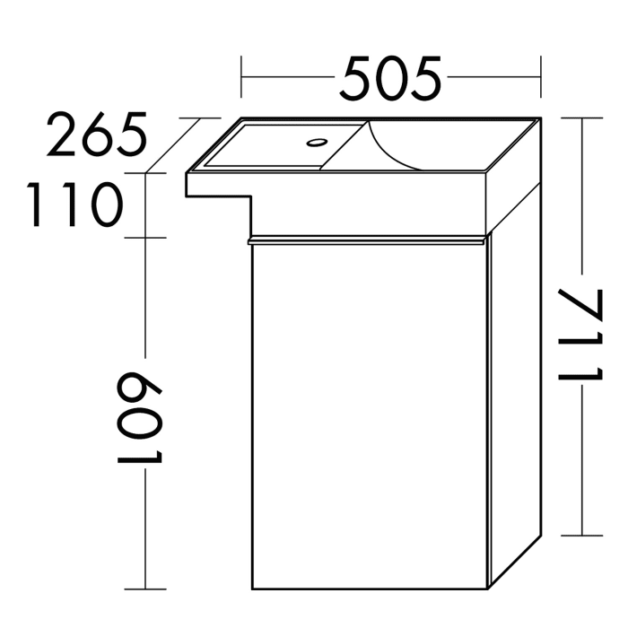 burgbad Yumo Mineralguss-Waschtisch inkl. Waschtischunterschrank 50,5 cm, Version Rechts