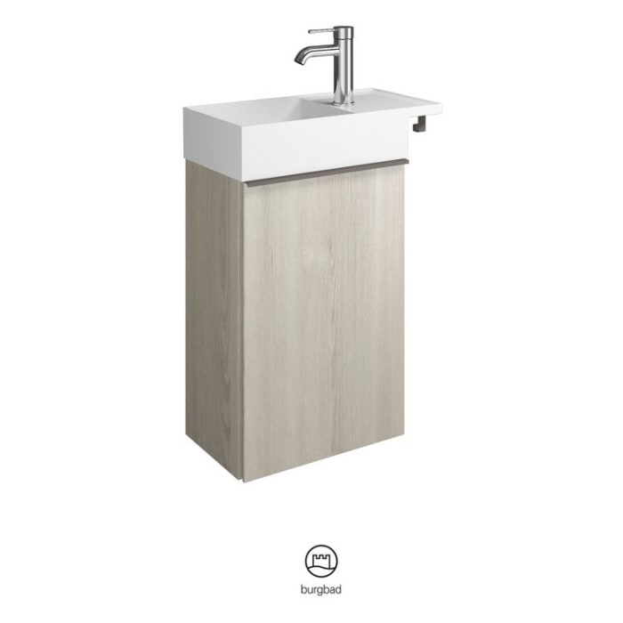 burgbad Yumo Mineralguss-Waschtisch inkl. Waschtischunterschrank 50,5 cm, Version Links