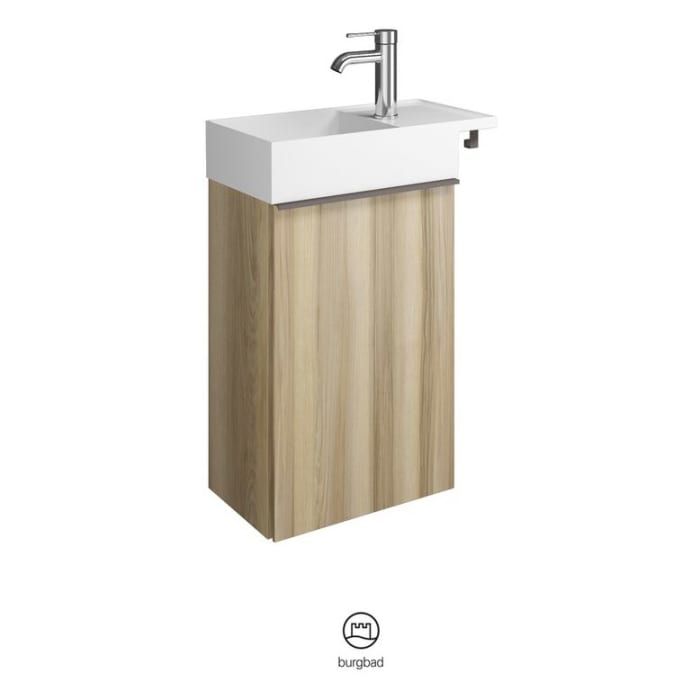 burgbad Yumo Mineralguss-Waschtisch inkl. Waschtischunterschrank 50,5 cm, Version Rechts