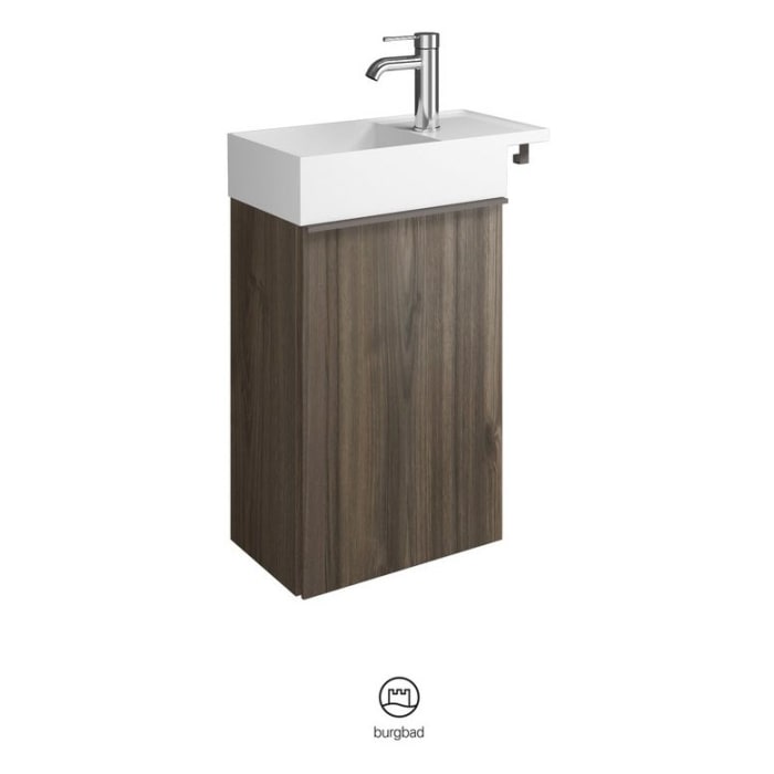 burgbad Yumo Mineralguss-Waschtisch inkl. Waschtischunterschrank 50,5 cm, Version Links