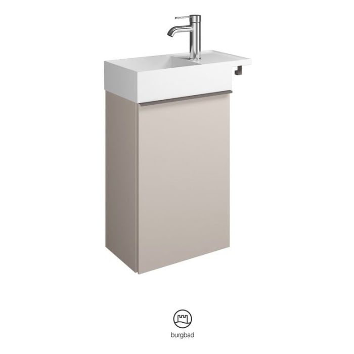 burgbad Yumo Mineralguss-Waschtisch inkl. Waschtischunterschrank 50,5 cm, Version Links